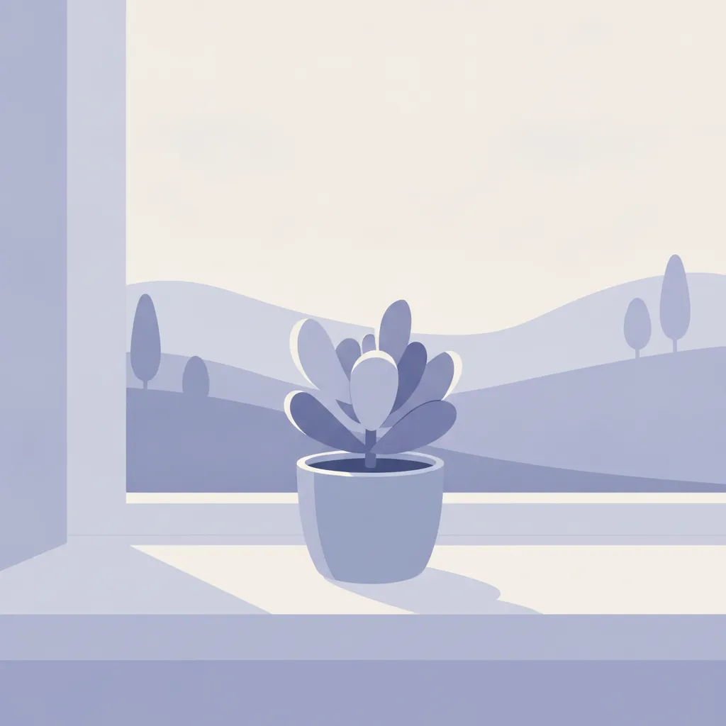 A small plant on a windowsill in soft morning light.