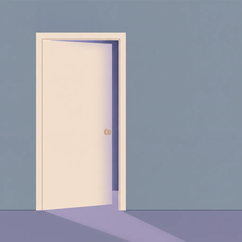 A door slightly ajar, letting soft light through.