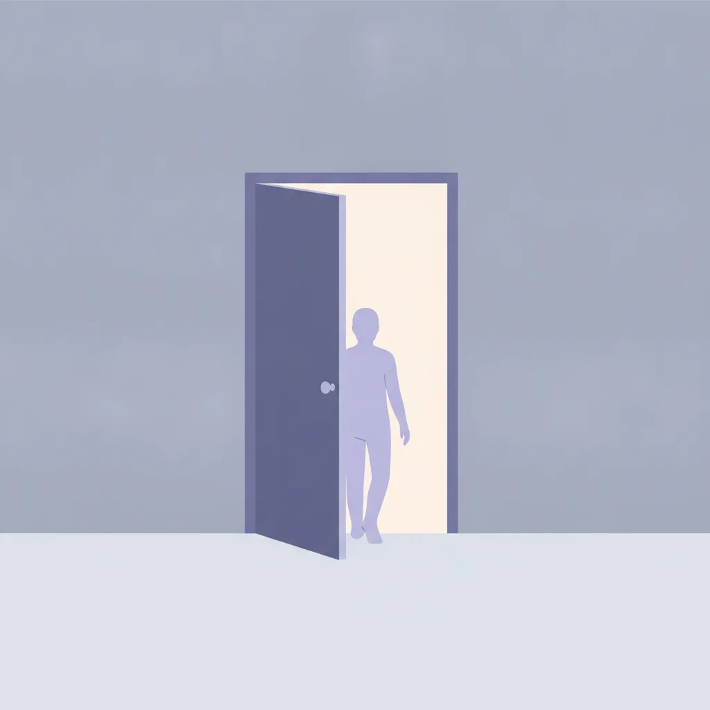 Une porte entrouverte laissant passer une lumière douce, vue de dos.