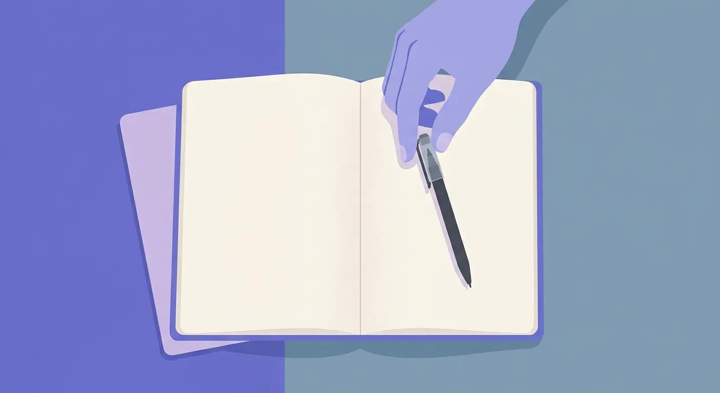 A hand placing a black pen on an open notebook.