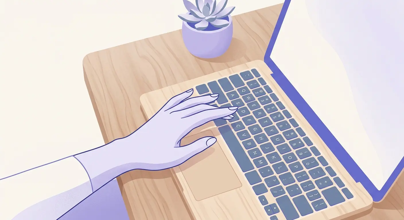 A hand resting above a laptop keyboard on a wooden desk.