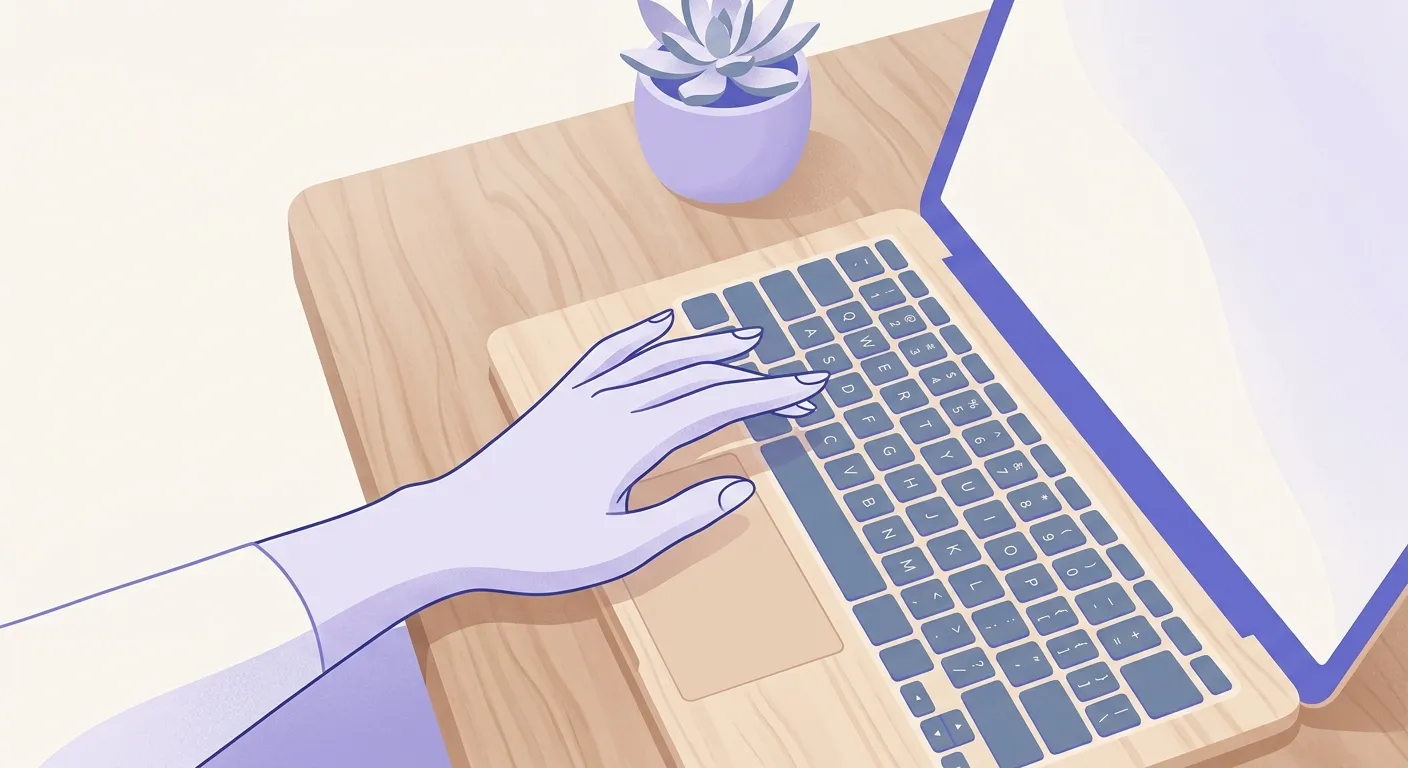 A hand resting above a laptop keyboard on a wooden desk.