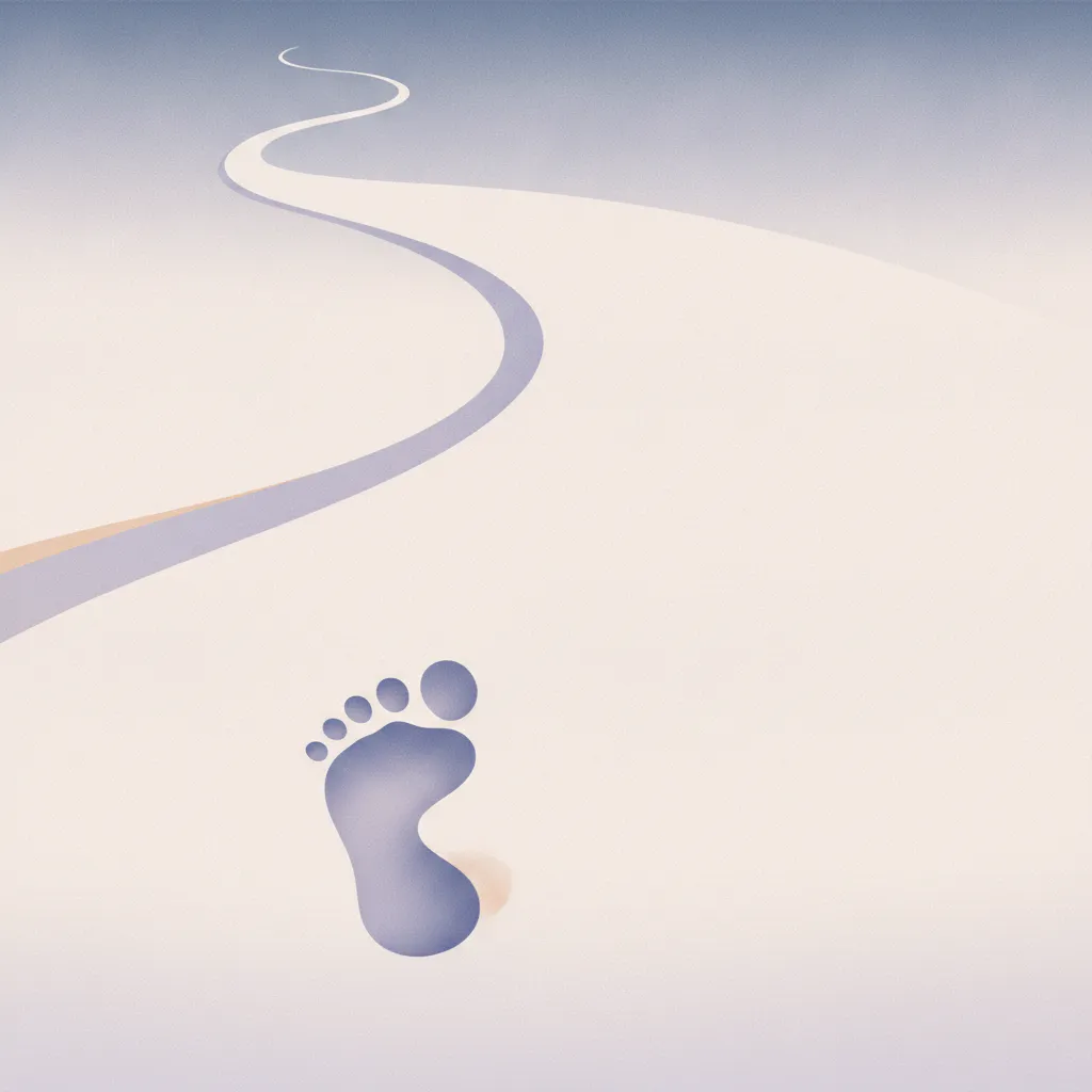 Une unique empreinte de pas qui commence un chemin dans le sable.
