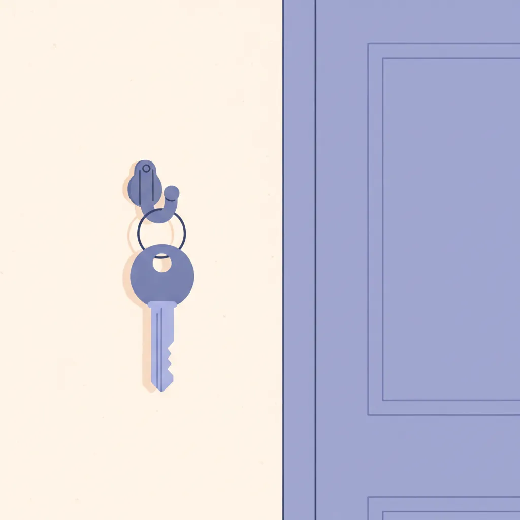 Une clé de maison suspendue à un crochet près d’une porte.
