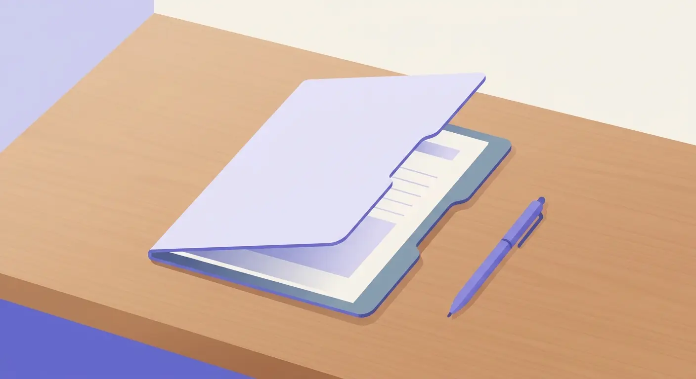 Un dossier médical fermé posé sur un bureau en bois à côté d'un stylo.