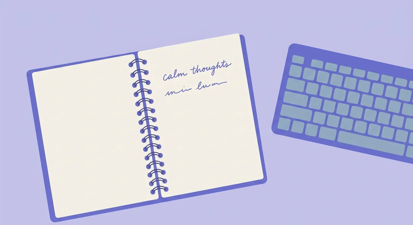 Un carnet ouvert posé à côté d'un clavier d'ordinateur avec deux lignes manuscrites.