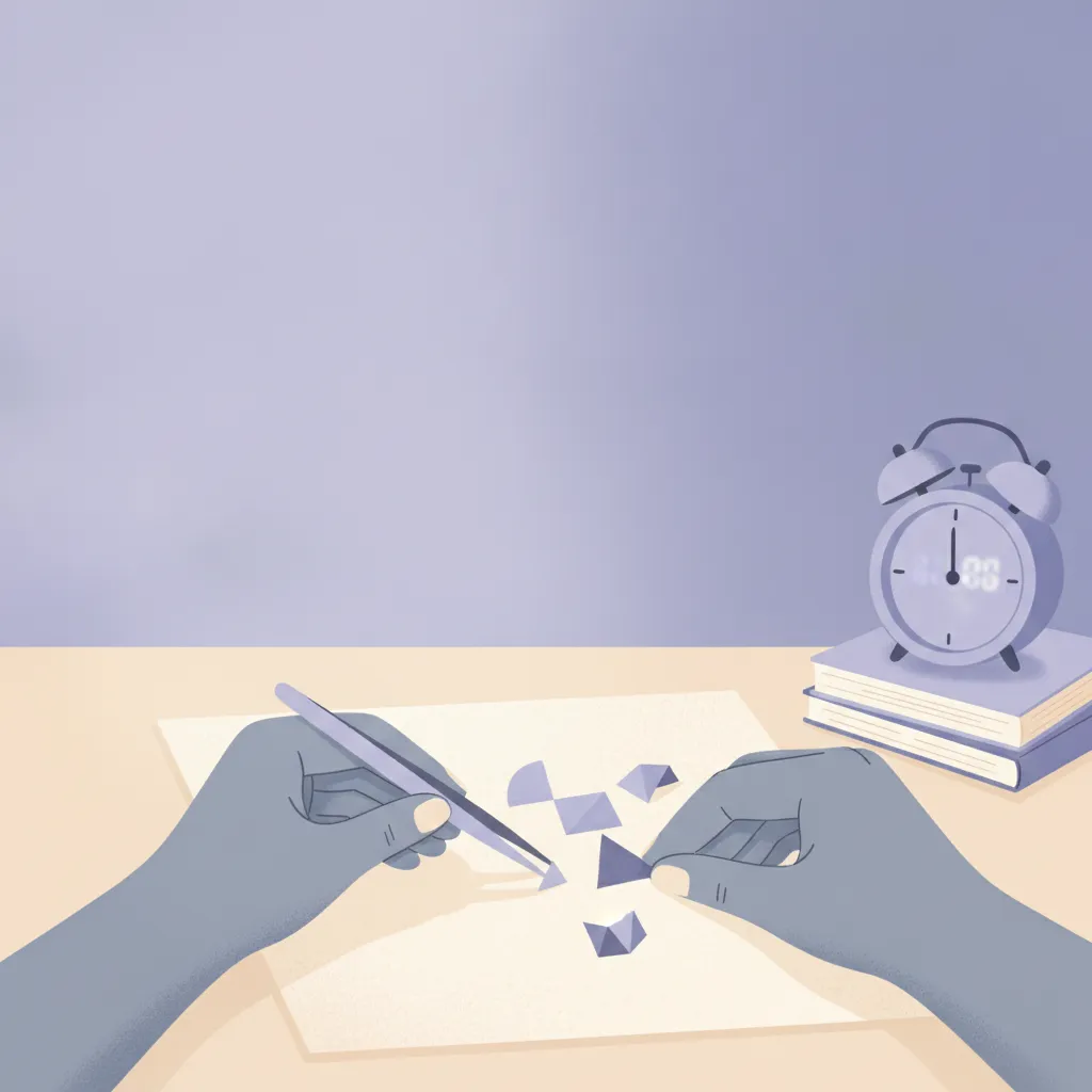 Hands working intensely on a project, with a blurred alarm clock on the desk.