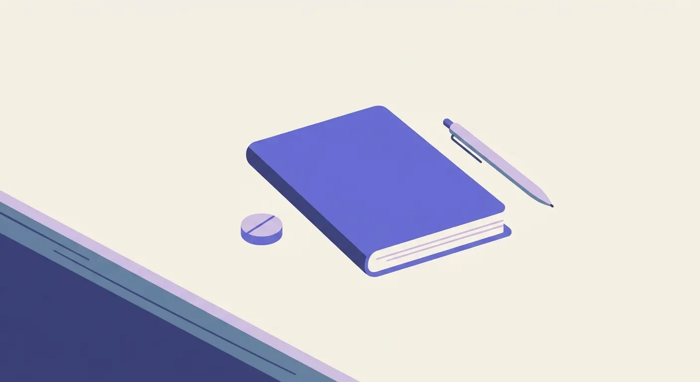 A single capsule next to a closed notebook and pen on a sleek wooden desk.