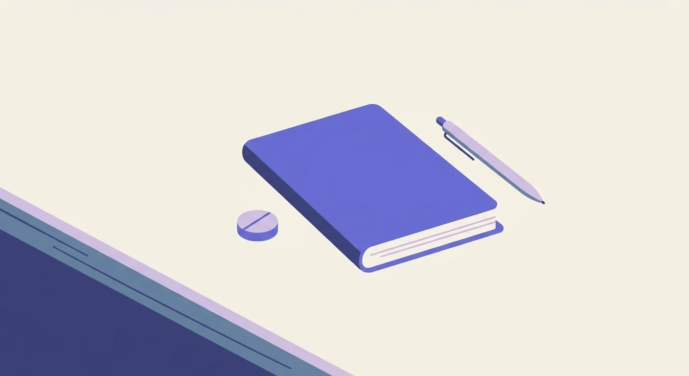 A single capsule next to a closed notebook and pen on a sleek wooden desk.