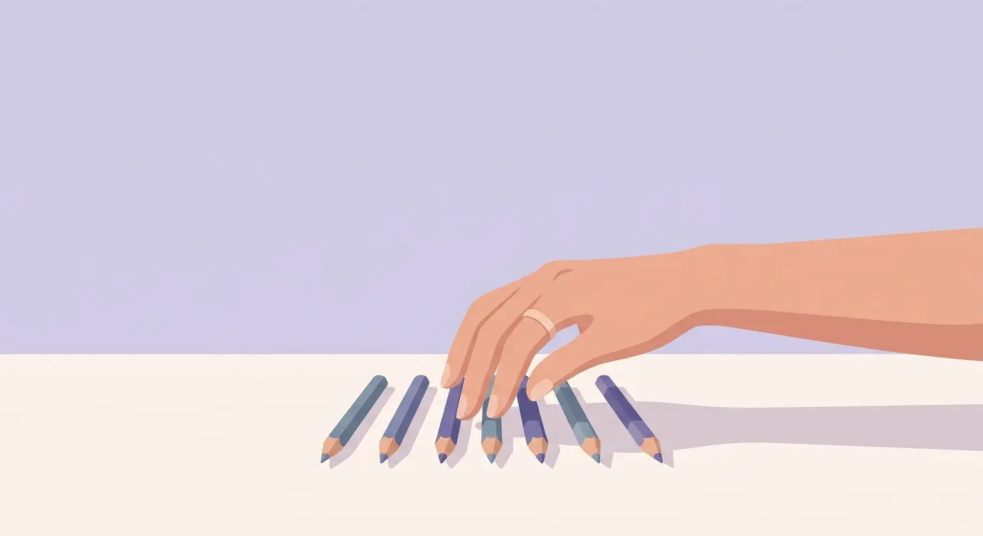 A hand neatly aligning wooden pencils on a clean desk.