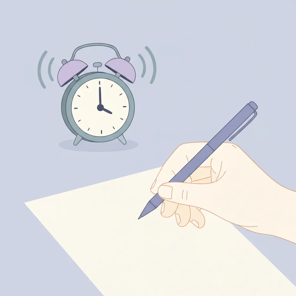 A hand holds a pen over a blank page, an alarm clock rings in the background.