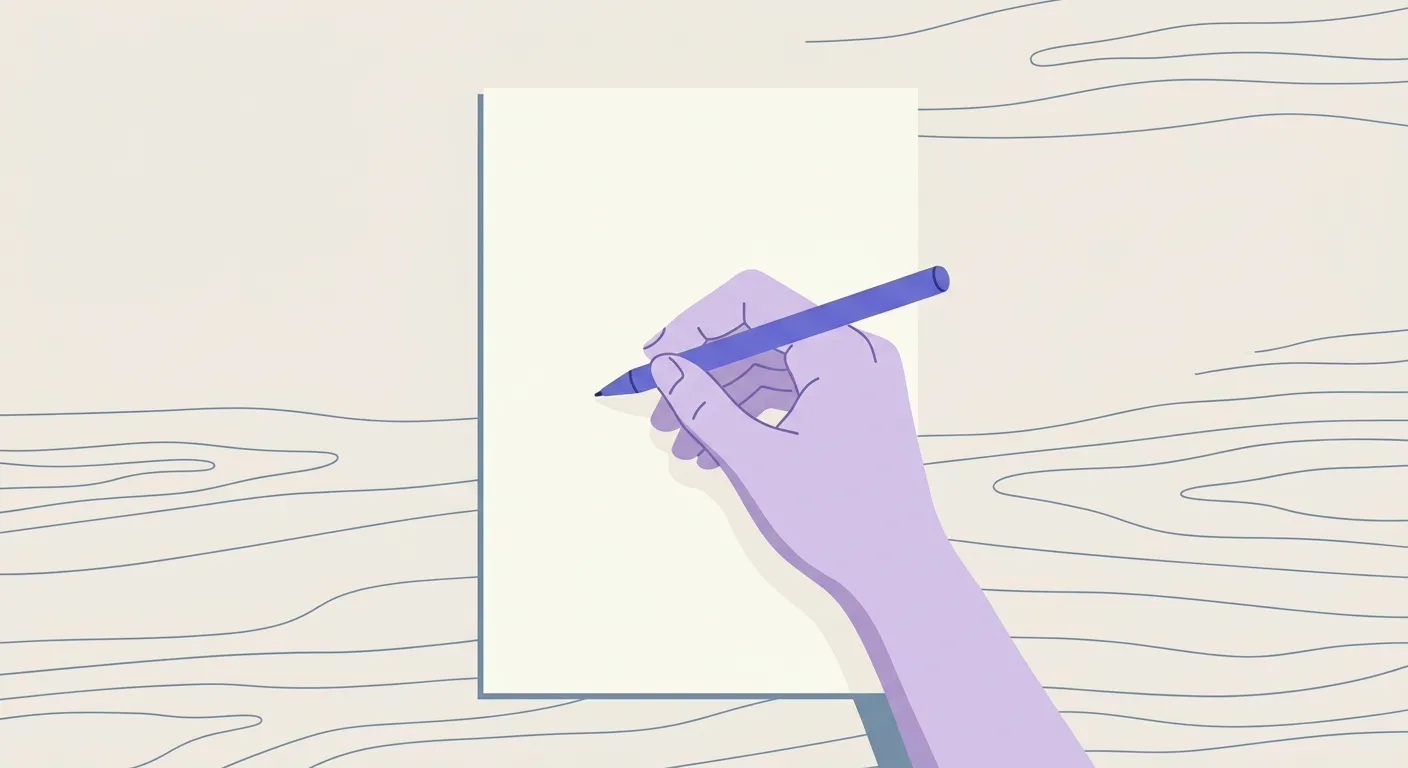 A hand holding a pen above a blank sheet of paper on a wooden desk.