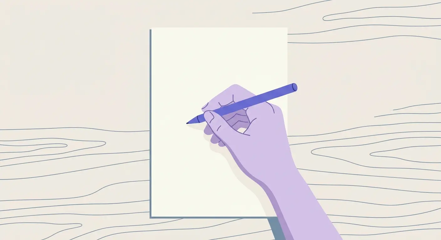 A hand holding a pen above a blank sheet of paper on a wooden desk.