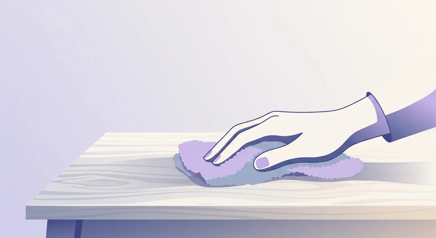 A hand gently dusting a wooden desk with a soft microfiber cloth.