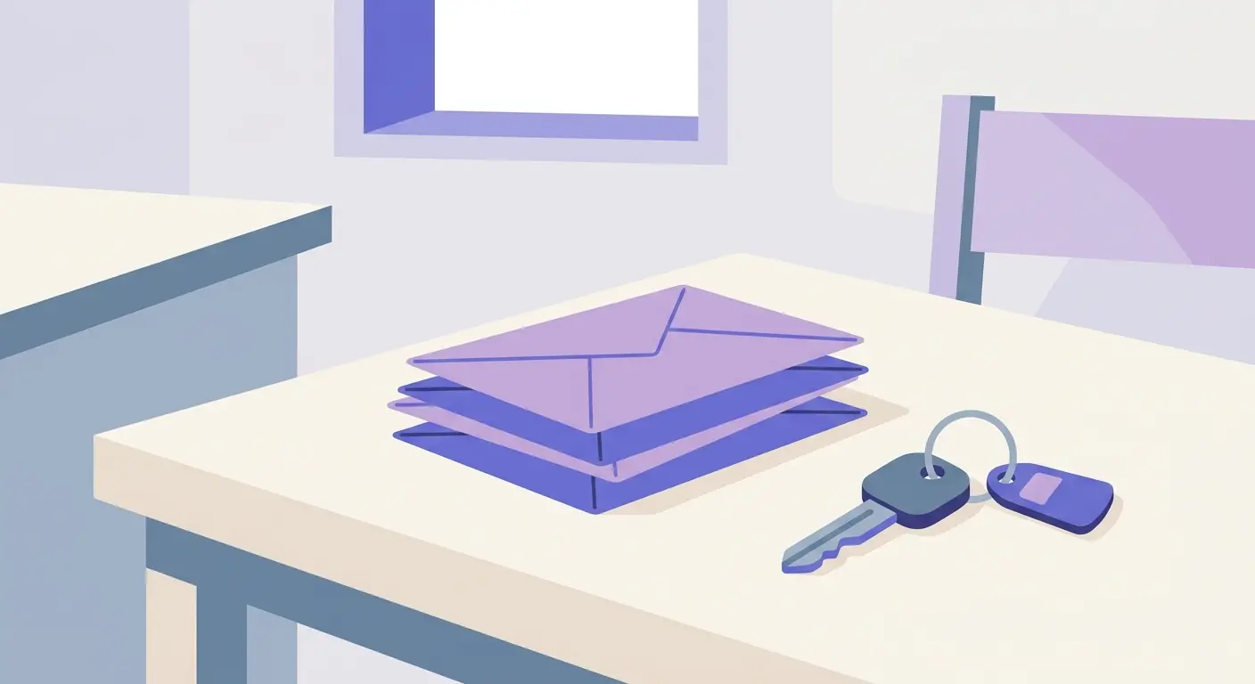 Une pile d'enveloppes non ouvertes posée sur une table à côté de clés de voiture.