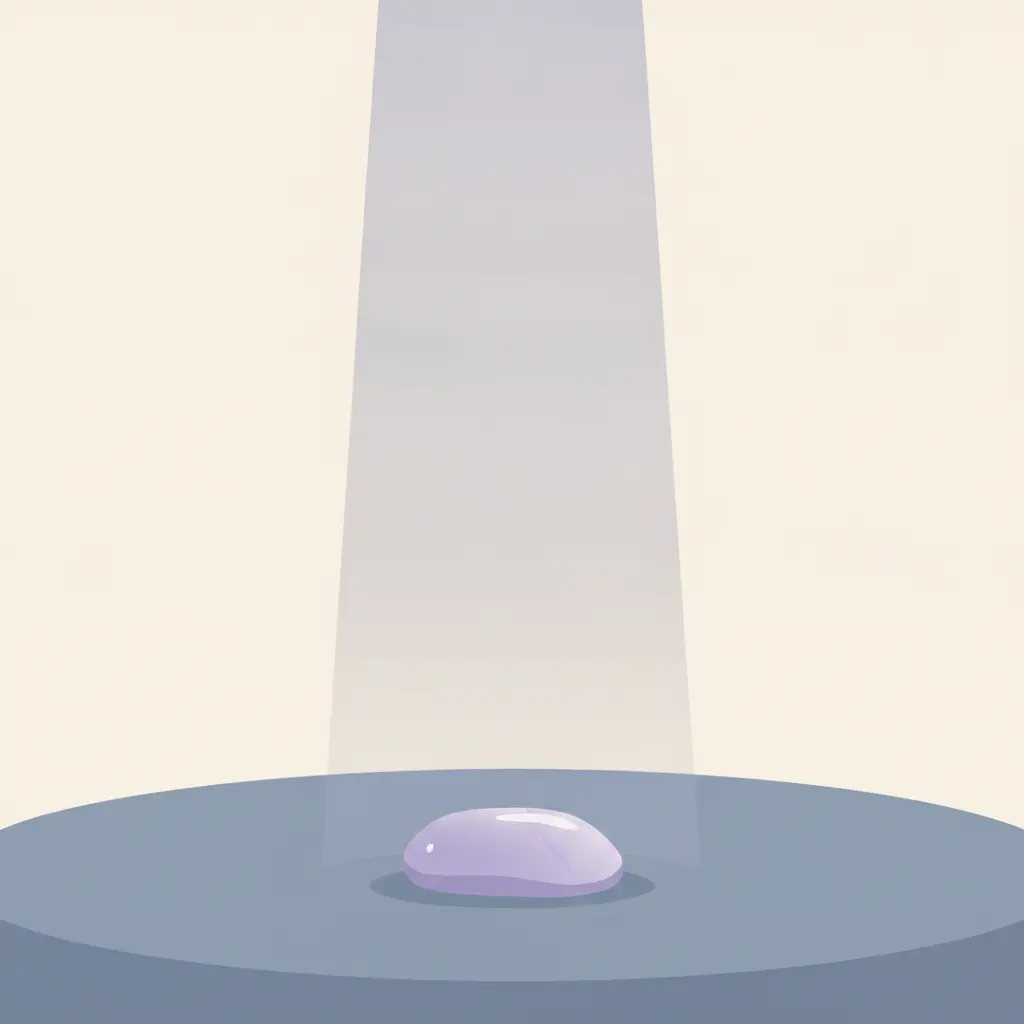 Un unique halo de lumière éclairant un petit objet, sur une scène autrement vide.