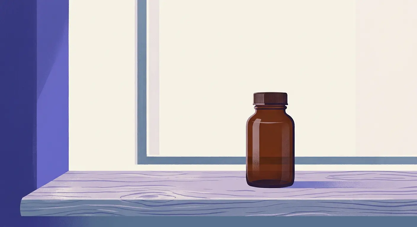 Un flacon de médicament ambré posé seul sur le rebord d'une fenêtre, dans une lumière douce.