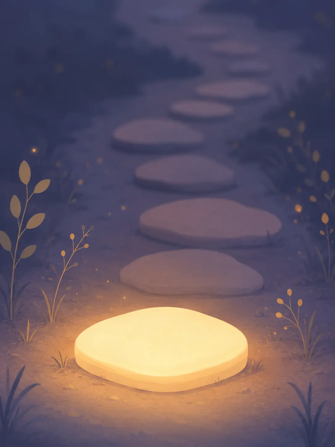 A single glowing stepping stone lit up in the dark, symbolizing the first small step.