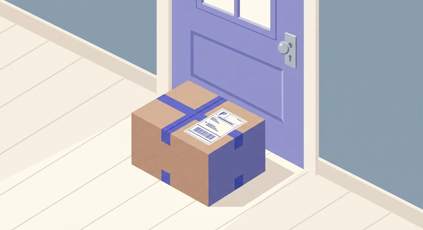 A taped cardboard return package with a printed shipping label, sitting on the floor beside a front door.