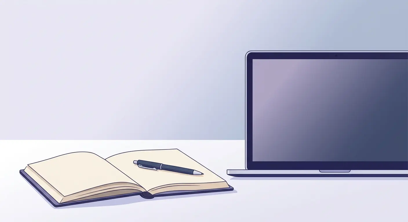 An open notebook with a pen lying on the page next to a laptop.