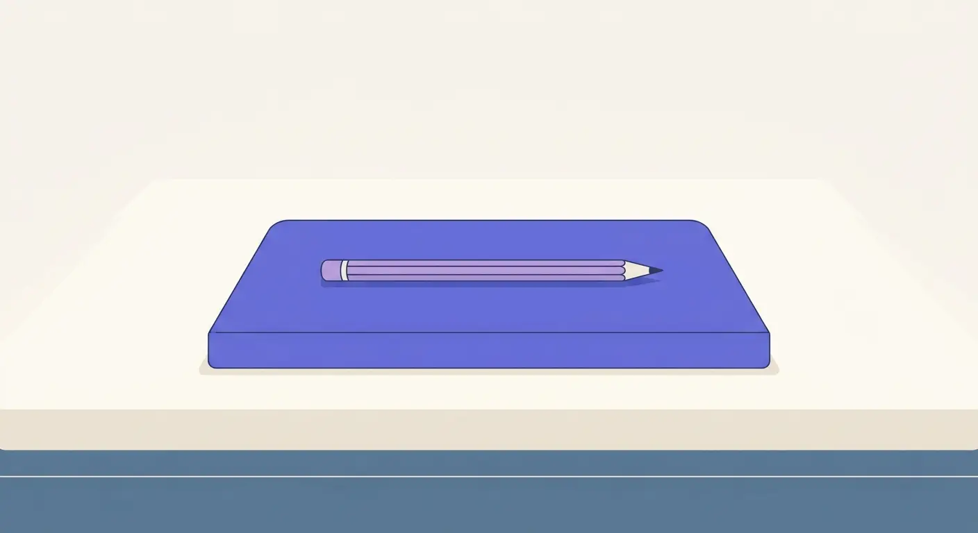 A closed notebook on a wooden desk with a pencil resting on top.
