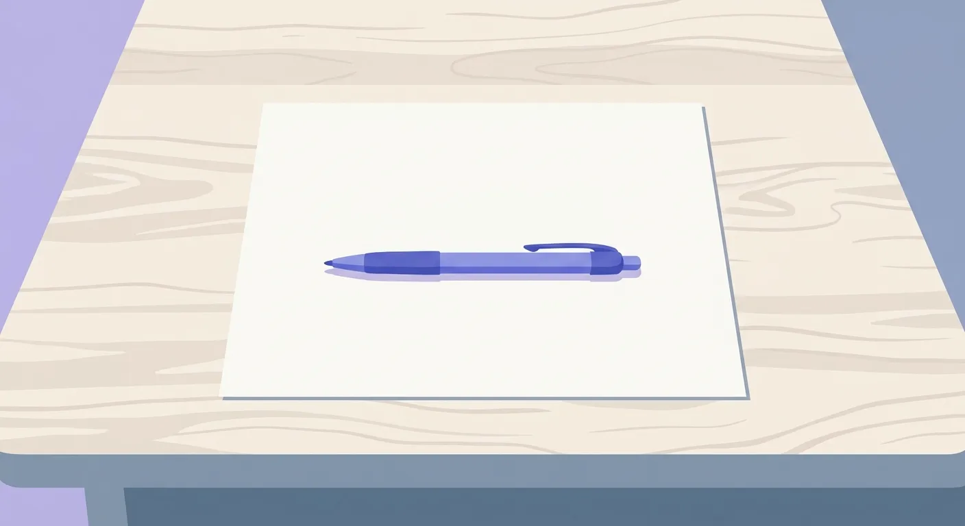 Un stylo bleu posé sur une feuille de papier vierge sur une table en bois.
