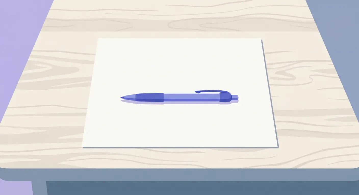 Un stylo bleu posé sur une feuille de papier vierge sur une table en bois.