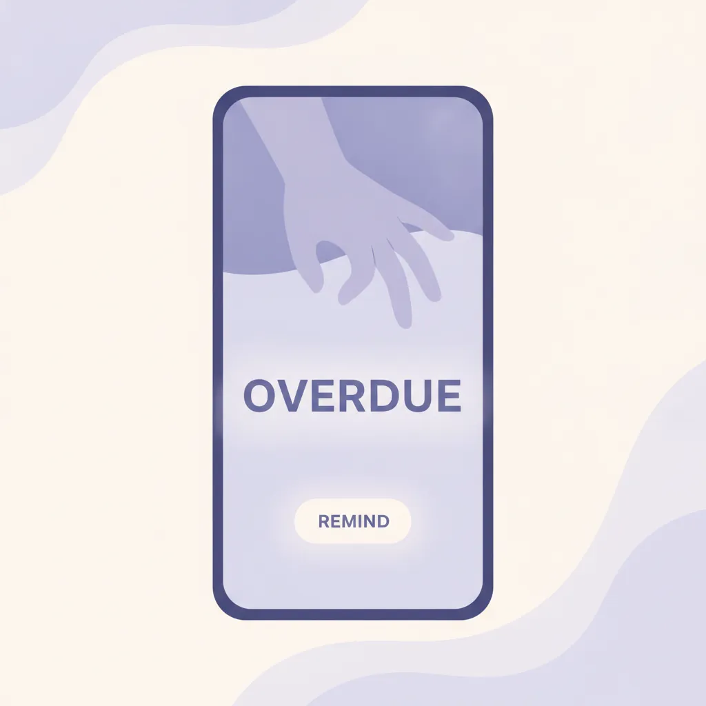 Smartphone screen showing an overdue task notification, a hand hovers hesitantly.