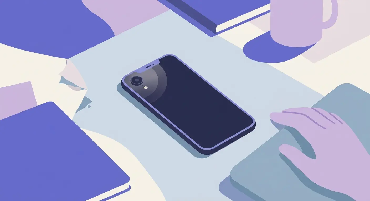 Un smartphone posé sur un bureau, entouré de carnets et de deux mains, son objectif reflétant doucement ce qui l'entoure.
