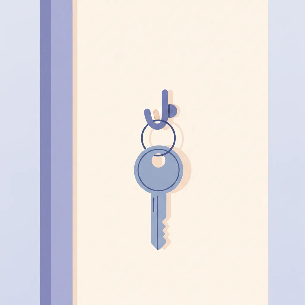 A house key hanging on a hook by a door.