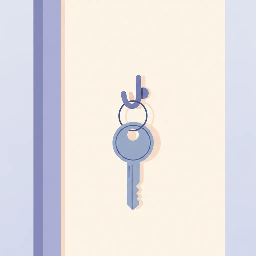 A house key hanging on a hook by a door.
