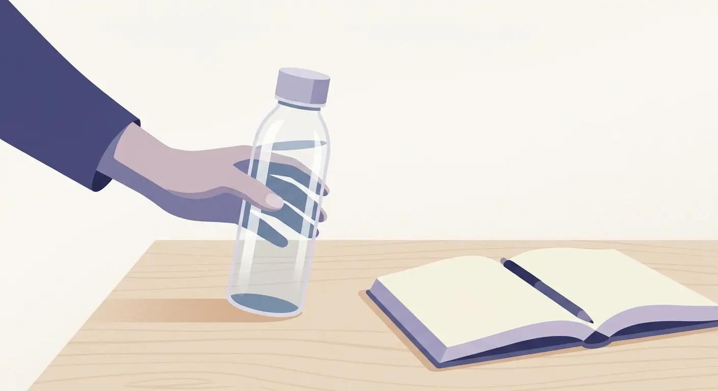A glass water bottle on a wooden desk next to a notebook.