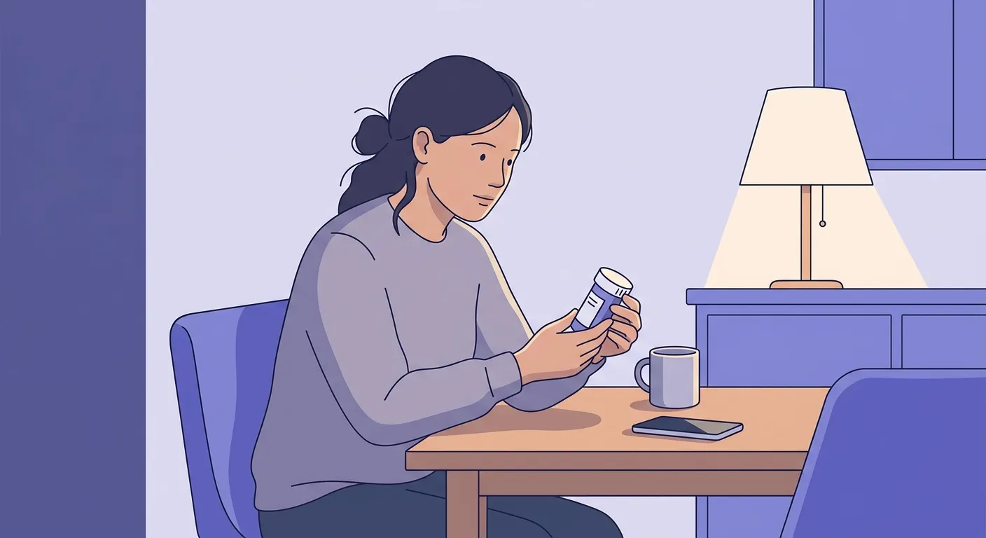 Un parent tient un flacon de médicament pour enfant à la table de la cuisine, le soir, en réfléchissant.