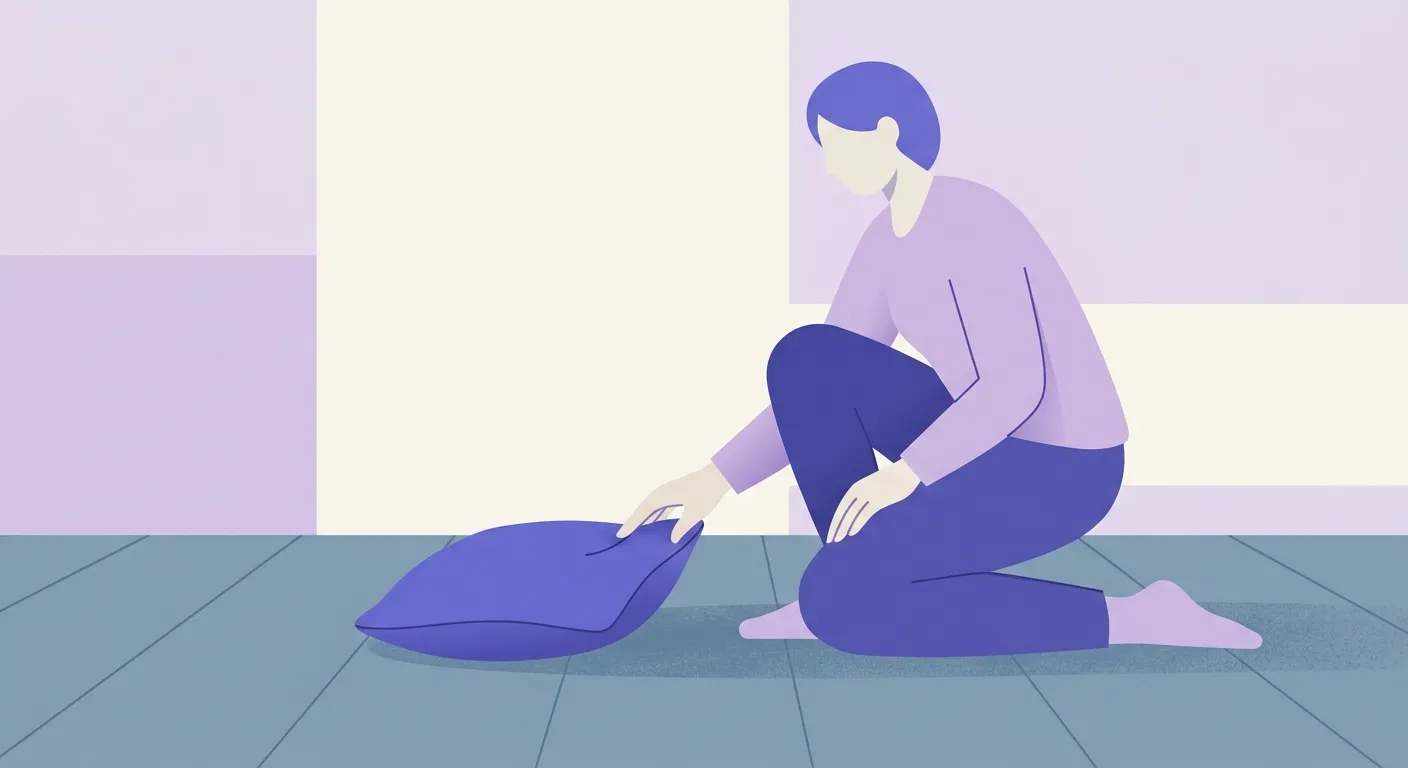 Une main ramassant un coussin posé sur un plancher en bois.