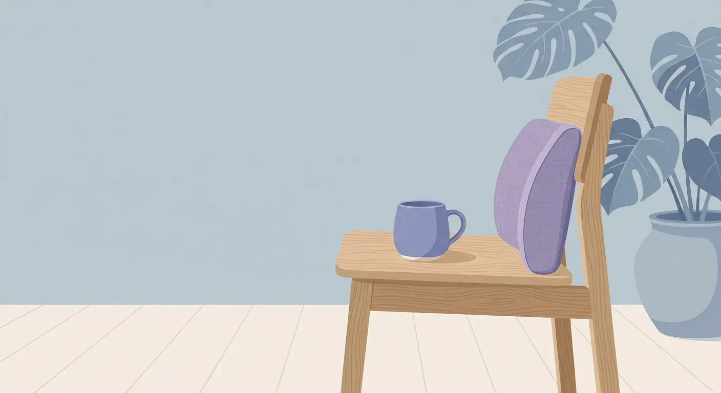 Un coussin ergonomique lombaire posé sur une chaise en bois à côté d'une tasse en céramique.