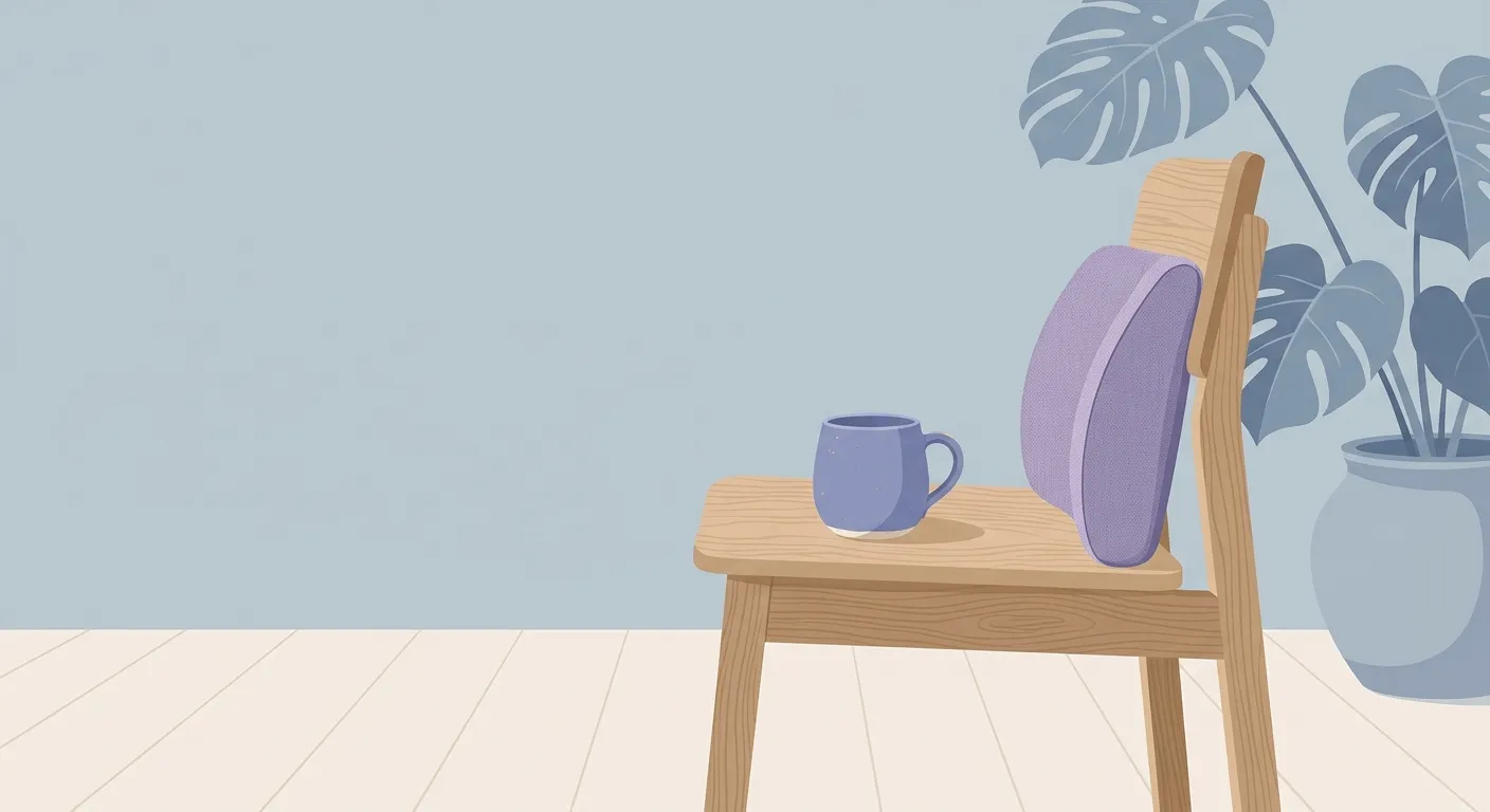 Un coussin ergonomique lombaire posé sur une chaise en bois à côté d'une tasse en céramique.