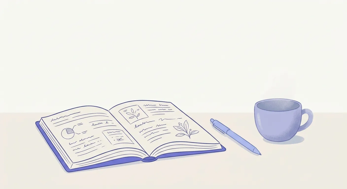Un carnet de notes médical ouvert avec un stylo posé à côté d'une tasse en céramique sur une table sobre