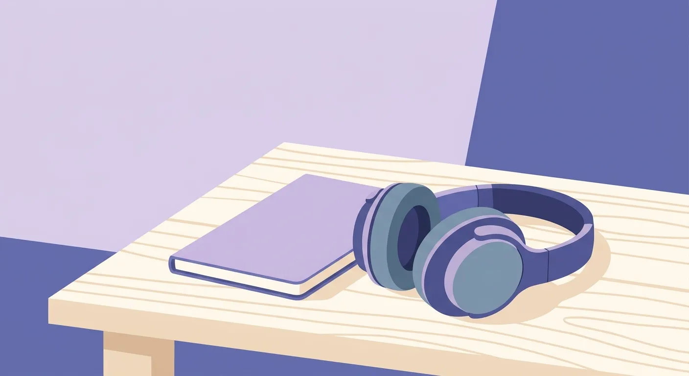Un casque antibruit posé sur un bureau en bois sobre à côté d'un carnet fermé.